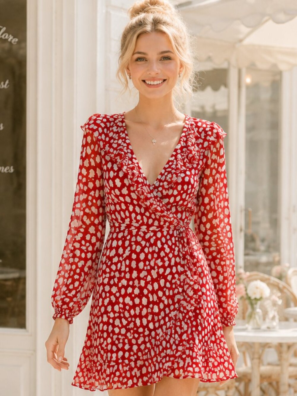 Free People Red & White Dot Wrap Dress Ruffle Detail Sheer Overlay